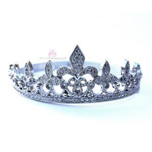 Clear Pave Cubic Zirconia Fleur-de-Lis Princess Crown Hinged Cuff Bracelet 7.5"